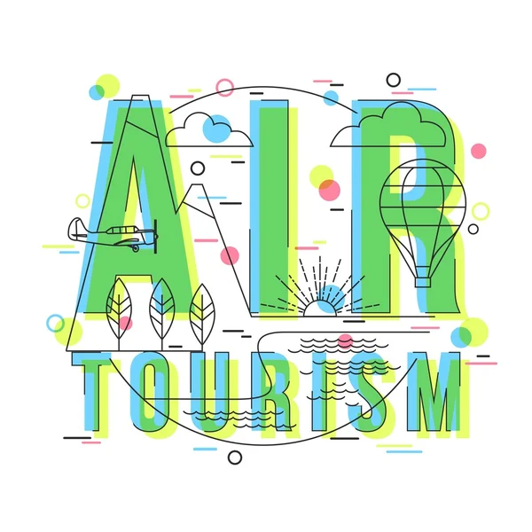 Turismo Aéreo Fondo con iconos vectoriales y elementos. Vacaciones y vacaciones: mar, océano, tierra, transporte aéreo. Tour en globo Antecedentes. Estilo plano, diseño de arte de línea delgada . — Vector de stock