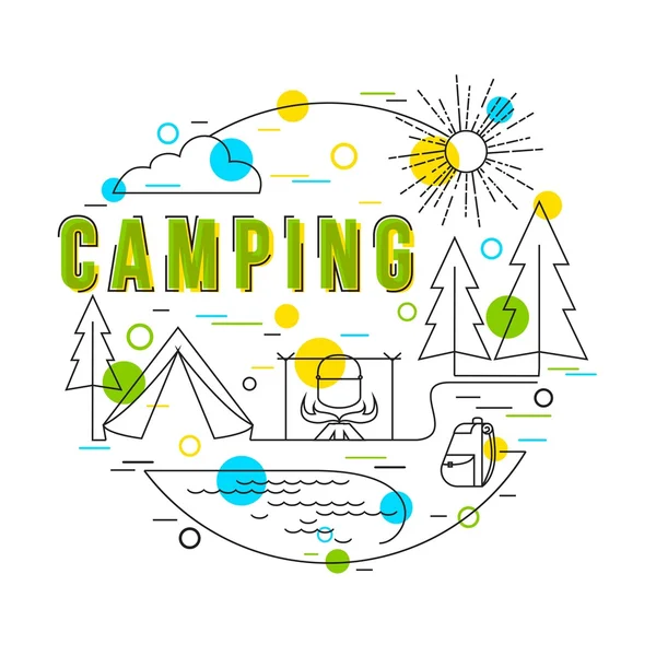 Camping Background with vector icons and elements. Camping Equipment. Summer Camp. Family Camping. Camping Gear. Vector hand drawn camp illustration. Flat Style, Thin Line Art Design. — Stock vektor