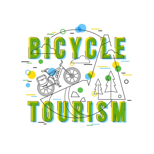ベクトルアイコンと要素を持つ自転車観光の背景。山道の旅のコンセプト。ポスター、バナー、チラシのための自転車観光デザイン。フラットスタイル、細い線アートデザイン. — ストックベクタ