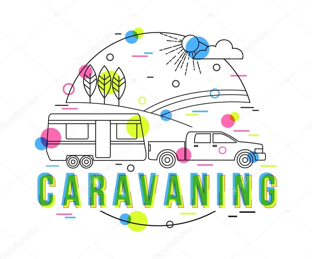 Caravaning Background with vector icons and elements. Outdoor traveling vacation illustration. Traveler truck campsite place landscape. Mobile home. Flat Style, Thin Line Art Design.