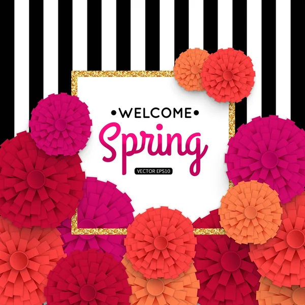 Flores de primavera e moldura de ouro. Modelo de cartão de primavera. Cartão de primavera com flores de papel. Ilustração vetorial . — Vetor de Stock