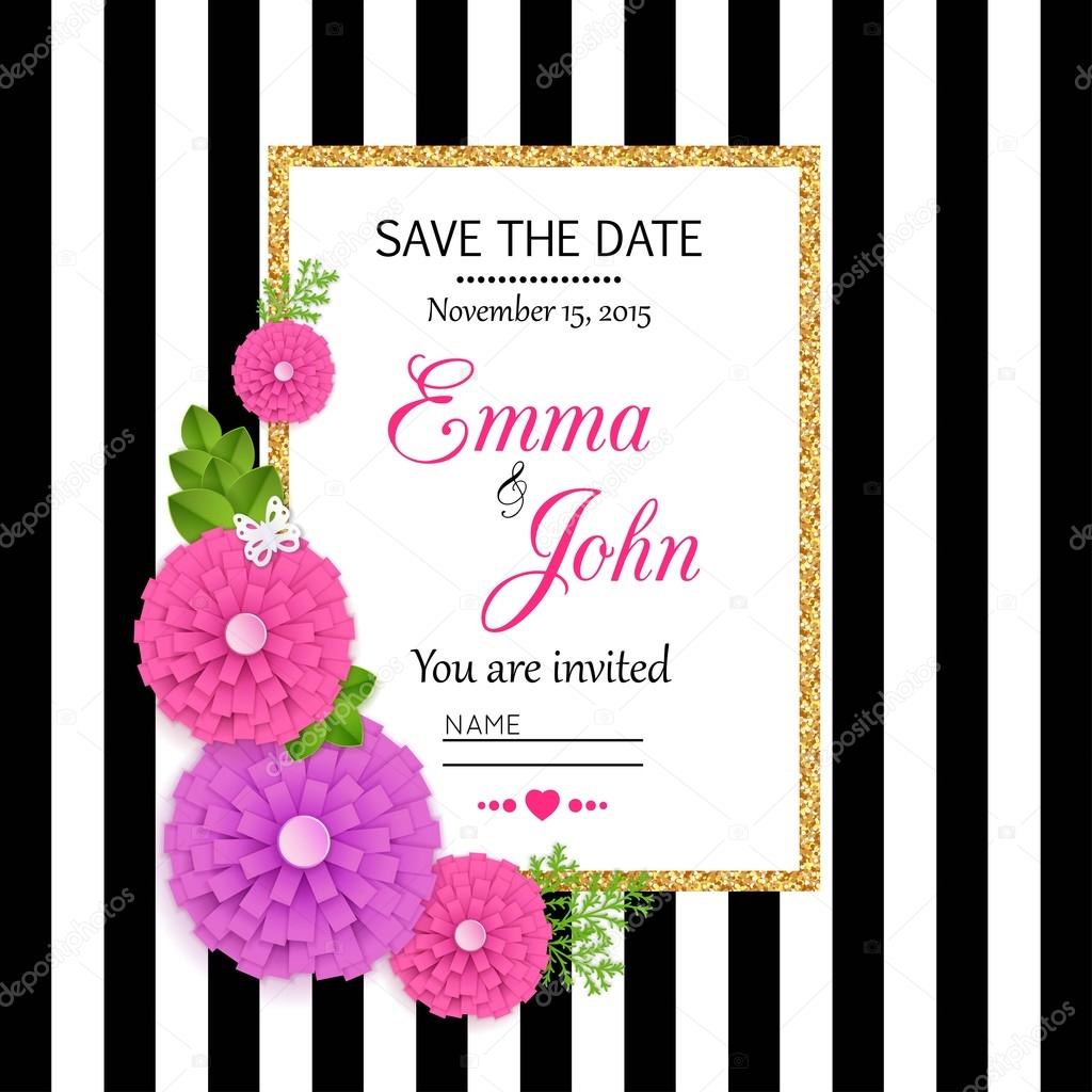 Save the date cards with paper flowers and gold frame. Marriage invitation card. Wedding invitation card. Vector illustration.