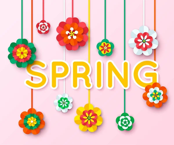 Spring Background with multicolored cutout paper flowers hanging on thread. Spring Vector Flowers. Spring Flowers Banner. Flowers Isolated. Floral Design Element. Vector Illustration.