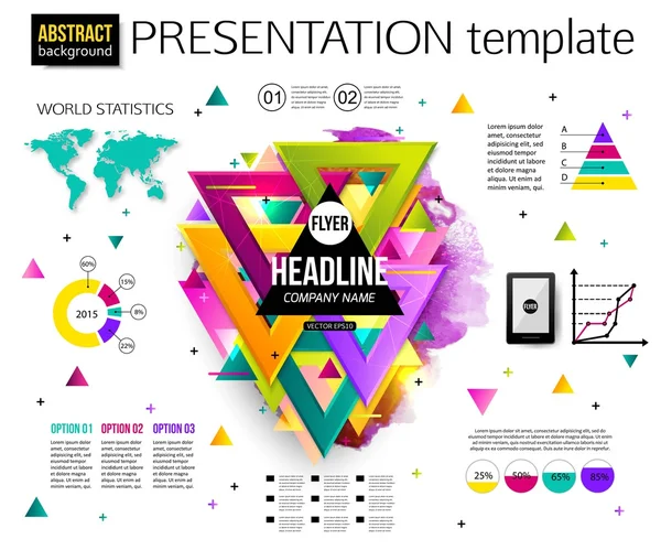 Infographic presentation template, colorful geometric triangular design with watercolor drops. Business Infographic with charts and graphs. Business elements, world map, graphics. Vector illustration. — Stock Vector