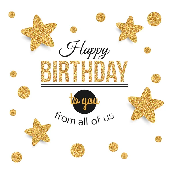 Birthday background with gold stars, polka dots. Birthday - gold text.Happy Birthday template for banner, flyer, brochure, gift certificate, party invitation. Birthday card. Vector illustration. — Stock Vector