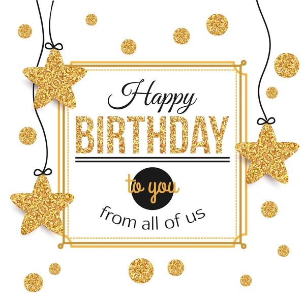 Birthday background with gold stars, polka dots. Birthday - gold text.Happy Birthday template for banner, flyer, brochure, gift certificate, party invitation. Birthday card. Vector illustration. — Stock Vector