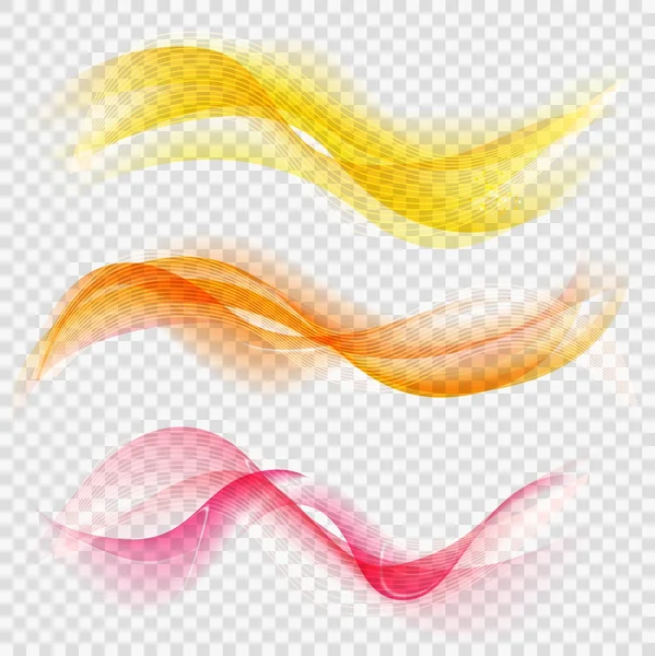 Dalgalar ve çizgilerle soyut arka plan. Parlak dalgalar vektörü saydam arka plan üzerine ayarlanır. Dalgalar afiş şablonu. Turuncu, sarı, bokeh ile kırmızı dalgalar arka plan. Çok renkli duman seti.
