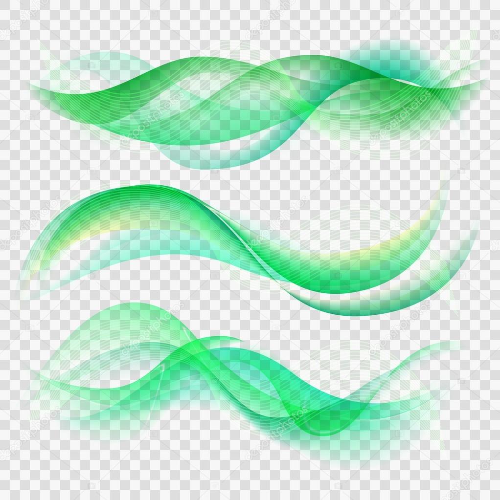 Abstract background with waves and lines. Shiny waves vector set on transparent background. Waves banner template. Green waves background with bokeh. Green smoke. Vector illustration.