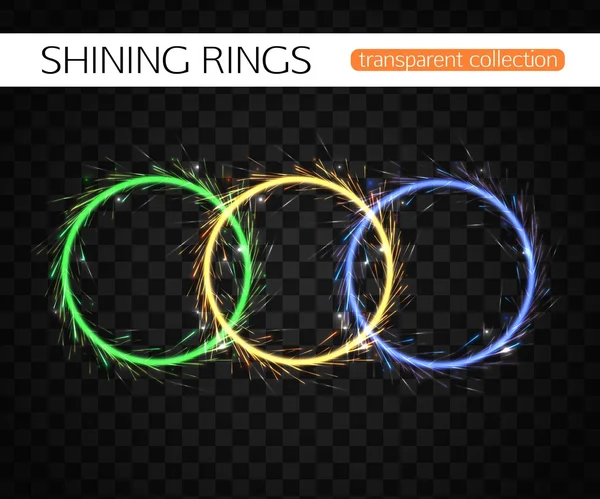 Glowing Rings on transparent background. Abstract vector rings.  Firework rings.  Olympic Rings. Glowing light burst circles. Shining Rings. Vector illustration. — Stock Vector