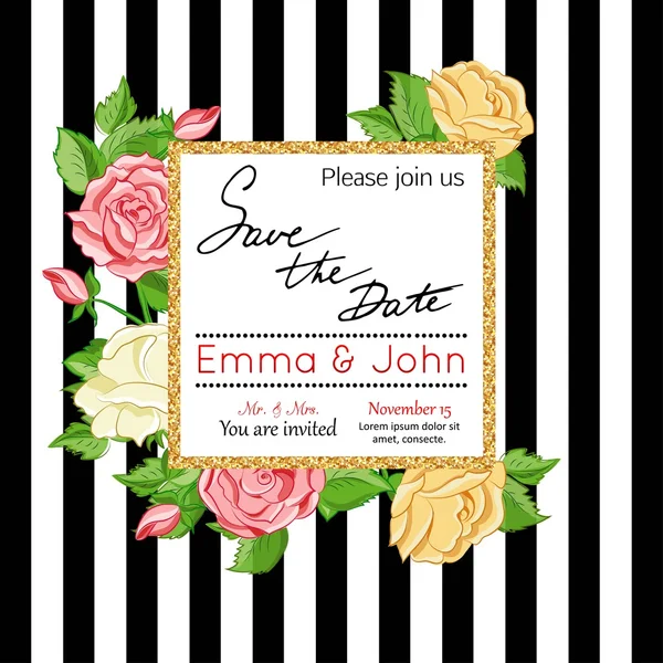 Guarde la tarjeta de fecha con rosa. Tarjeta de invitación de matrimonio. Tarjeta de invitación de boda. Ilustración vectorial . — Vector de stock