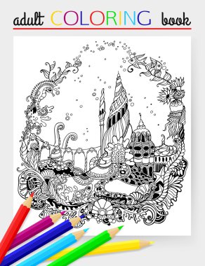 Denizaltı dünya - yetişkin boyama sayfası. Denizyıldızı, balık, ahtapot, kalamar, deniz atı, kale ile sualtı dünyası. El çizilmiş Denizaltı dünyası. Vektör çizimi.