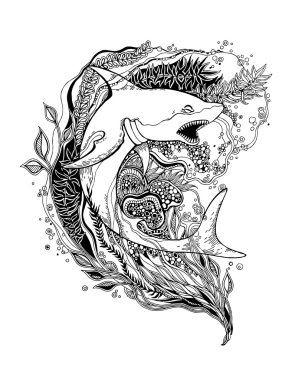 Köpekbalığı ile Yetişkin Boyama Sayfası. Köpekbalığı vektörü. Köpekbalığı izole edilmiş. Köpekbalığı dövmesi. Köpekbalığı mahsulleri. Köpekbalığı kitabı illüstrasyon. Vektör çizimi.