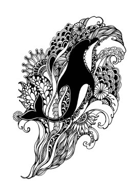 Adult Coloring Page with dolphin. Dolphin vector. Dolphin isolated. Dolphin tattoo. Dolphin vintage. Dolphin book illustration. Vector illustration.