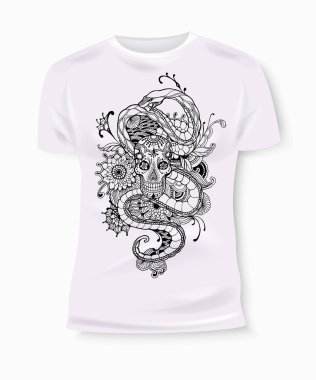 T-shirt baskı tasarımı. T-shirt Grafik. Tekstil için t-shirt grafikleri. Kafatası ve yılan. Kafatası vektörü. Yılan vektörü. Kafatası karikatürü. Yılan karikatürü. Beceri ve Yılan izole. Kafatası ve Yılan vintage tarzı