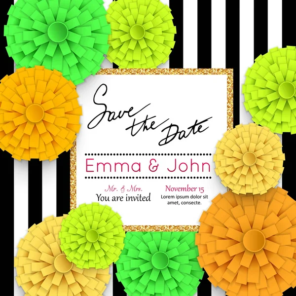 Guarde las tarjetas de fecha con flores de papel y marco de oro. Tarjeta de invitación de matrimonio. Tarjeta de invitación de boda. Ilustración vectorial . — Vector de stock