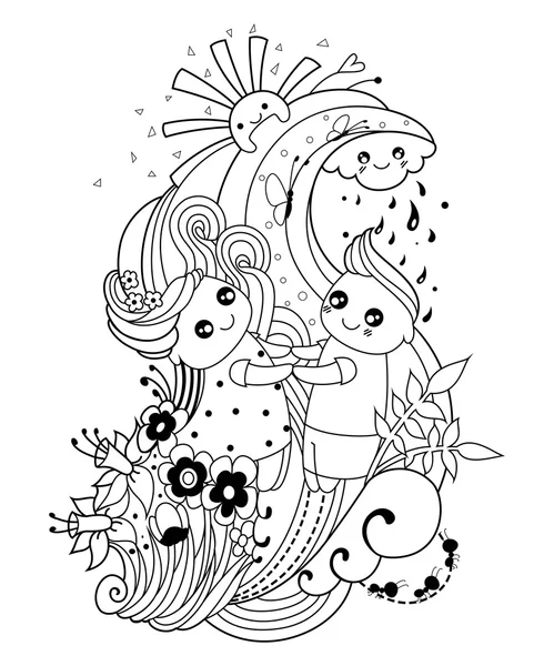 Adult coloring page with boy and girl, cloud, sun, rain, flowers, butterfly, ants, heart. Vector illustration. — Stock Vector