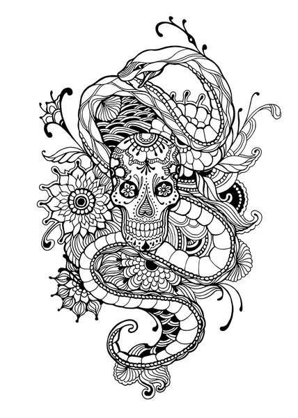 Teschio e Serpente - pagina da colorare per adulti. Disegnato a mano - Teschio, Serpente, Fiori. Teschio e serpente - Tattoo Design. Illustrazione vettoriale . — Vettoriale Stock