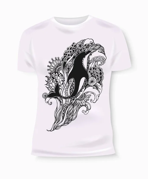 T-shirt print ontwerp. T-shirt graphics. T-shirt graphics voor textiel. Dolfijn vector. Dolfijn cartoon. Dolfijn tatoo. Dolfijn geïsoleerd. Hand getekende dolfijn met etnische doodle patroon. — Stockvector