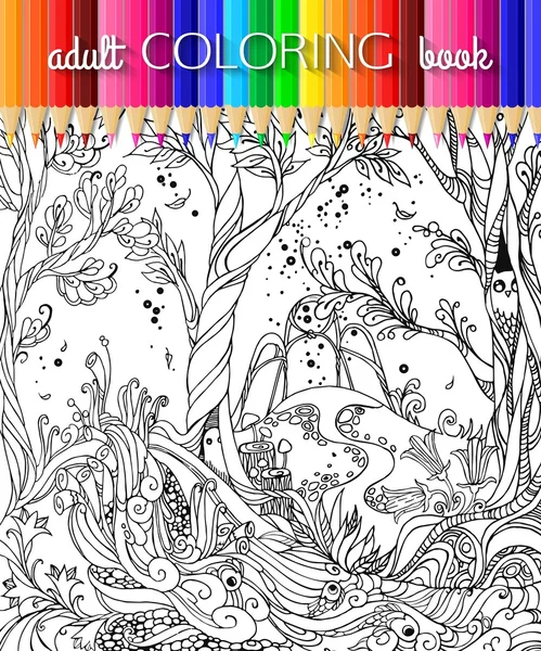 Forêt de fées - Coloriage adulte. Illustration vectorielle . — Image vectorielle