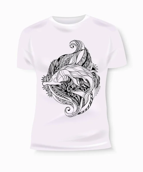 T-shirt print ontwerp. T-shirt graphics. T-shirt graphics voor textiel. Hammerhead Shark vector. Hammerhead Shark geïsoleerd. Hand getekende Hammerhead Shark met etnische doodle patroon. Vector illustratie. — Stockvector