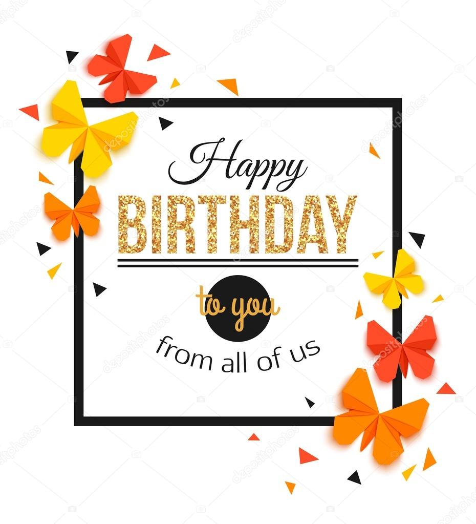 Joyeux Anniversaire Avec Papier Papillon Texte D Or Confettis Et Cadre Joyeux Anniversaire Modele De Carte Illustration Vectorielle Image Vectorielle Vectorgift C