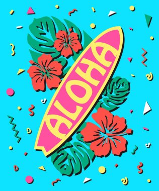 Aloha - Sörf tahtası ve çiçekler ile 80s tarzında Yaz arka plan. Vektör çizimi.