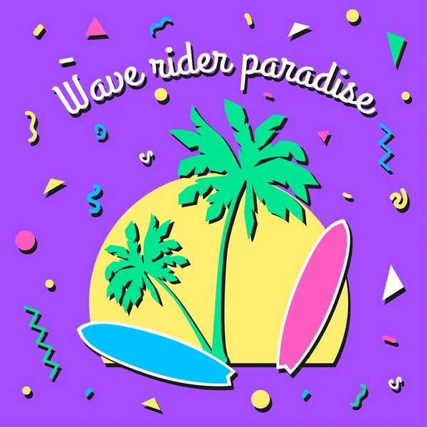 Wave rider paradise - Fond d'été dans le style des années 80 avec palme, soleil et planche de surf. Illustration vectorielle . — Image vectorielle