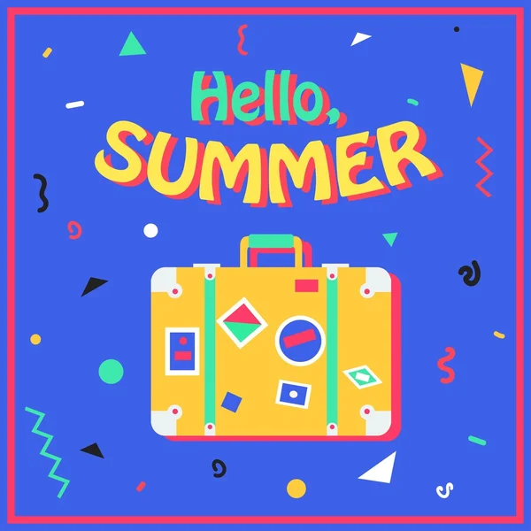 Hola verano. Fondo de verano en estilo de los años 80 con maleta. Ilustración vectorial . — Vector de stock