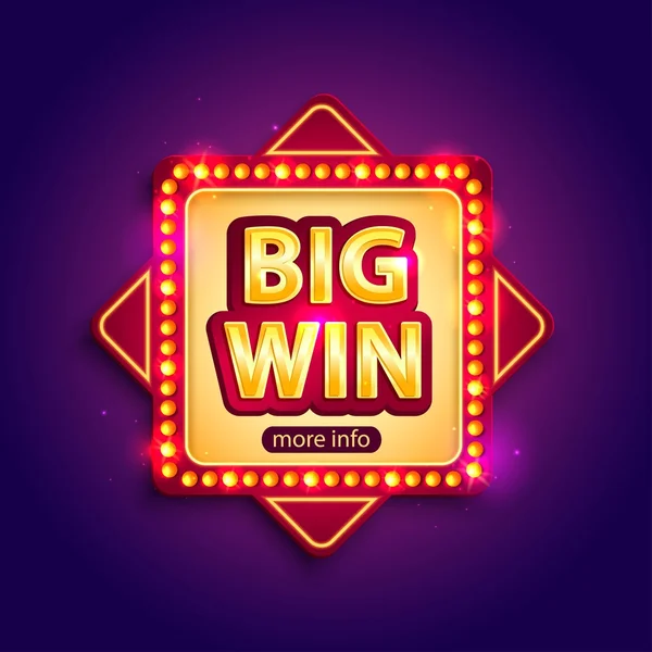 Big Win banner con lampade incandescenti per casinò online, poker, roulette, slot machine, giochi di carte. Illustratore vettoriale. — Vettoriale Stock