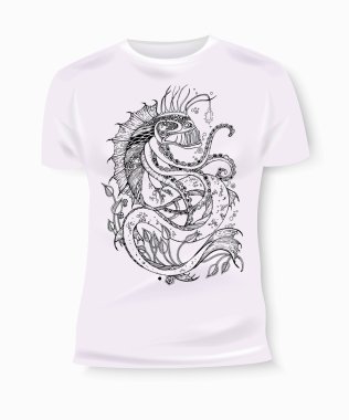 T-shirt baskı tasarımı. T-shirt grafik. Tekstil için T-shirt grafik. Deniz canavarı. Deniz canavarı çizgi film. Çizilmiş deniz canavarı. Fener balığı. Vektör çizim.