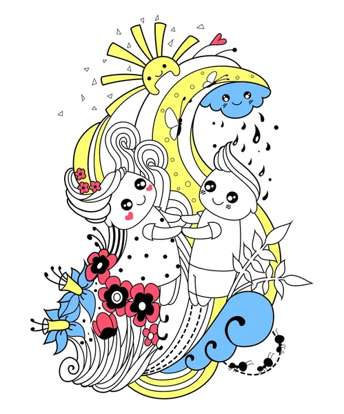 Розмальовка для дорослих з хлопчиком і дівчинкою, хмара, сонце, дощ, квіти, метелик, мурахи, серце. Векторні ілюстрації . — стоковий вектор