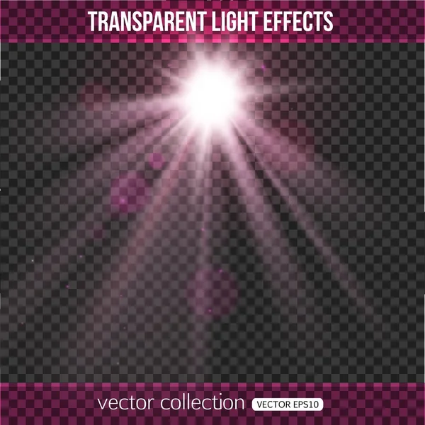 Sol brillante con efecto de luces sobre fondo transparente. Sol púrpura con bokeh. Ilustración vectorial con sol abstracto . — Archivo Imágenes Vectoriales