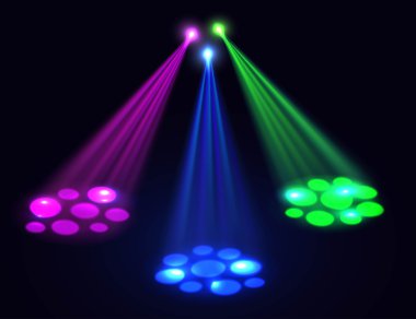 Kulüp ışıkları arka plan. Vektör spot ışıkları nın koyu arka plan üzerindeki etkisi. Disko, parti, doğum günü, kulüp arka plan için ışıklar etkisi.