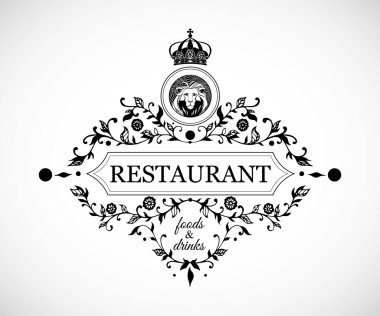 Monogram tasarım Restaurant için. Lüks Restoran Logo şablonu. Vintage çerçeve şablonu. Vektör çizim.