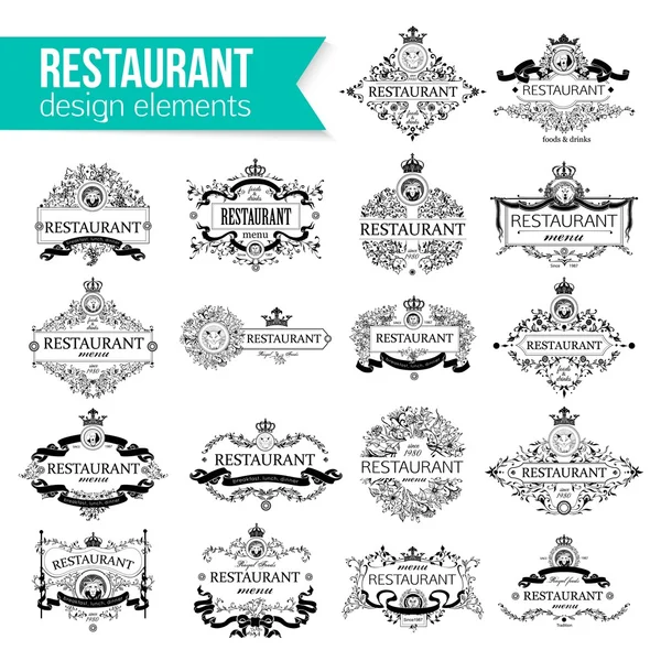 Σύνολο πρότυπο πολυτελή λογότυπο για το εστιατόριο. Εκλεκτής ποιότητας πλαίσιο πρότυπο για το μενού του εστιατορίου. Εστιατόριο λογότυπο του σχεδιασμού. Vector εικονογράφηση. — Διανυσματικό Αρχείο