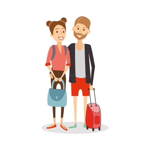 Coppia sposata in viaggio. Giovani sposi felici andare in vacanza, viaggiare persone cartone animato isolato — Vettoriale Stock