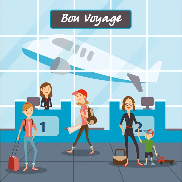 Les gens volent en vacances, les voyageurs dans le terminal de l'aéroport. Maman avec un enfant voler sur un voyage . — Image vectorielle