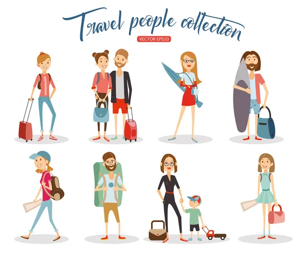Pessoas de viagem coleção de desenhos animados, pessoas de férias isoladas no fundo branco . — Vetor de Stock