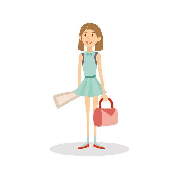 Молодая красивая девушка готова к отпуску и поездкам. Девушка туристический персонаж изолирован на белом фоне держа мешок и карту в руке . — стоковый вектор