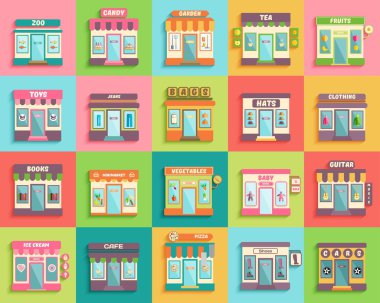 Different stores and shops icons set flat design style. Zoo, toys, baby, minimarket and guitar stall. Vector eps 10 format. clipart