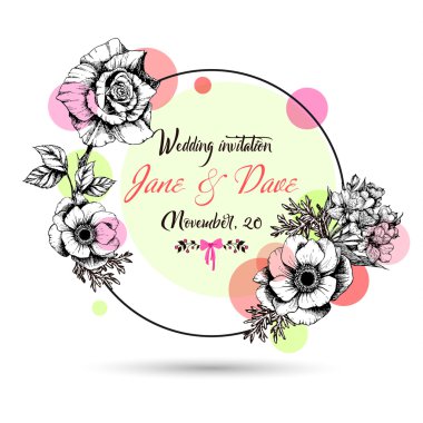 Invitation card with hand drawn flowers.  clipart