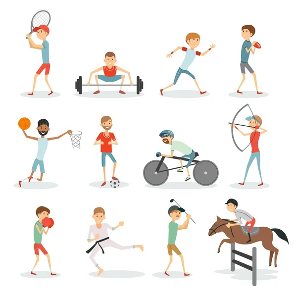 Desporto dos desenhos animados. Atletas de diferentes esportes basquete, futebol, golfe, corrida, karatê, ciclismo, boxe, levantamento de peso, tênis, rugby. Vector eps 10 formato —  Vetores de Stock