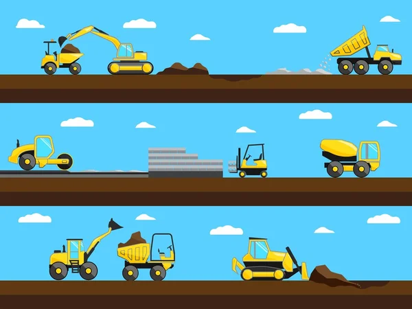 Processo de construção. Bulldozer, caminhão e escavadeira em um canteiro de obras. Ilustração vetorial eps 10 formato . —  Vetores de Stock