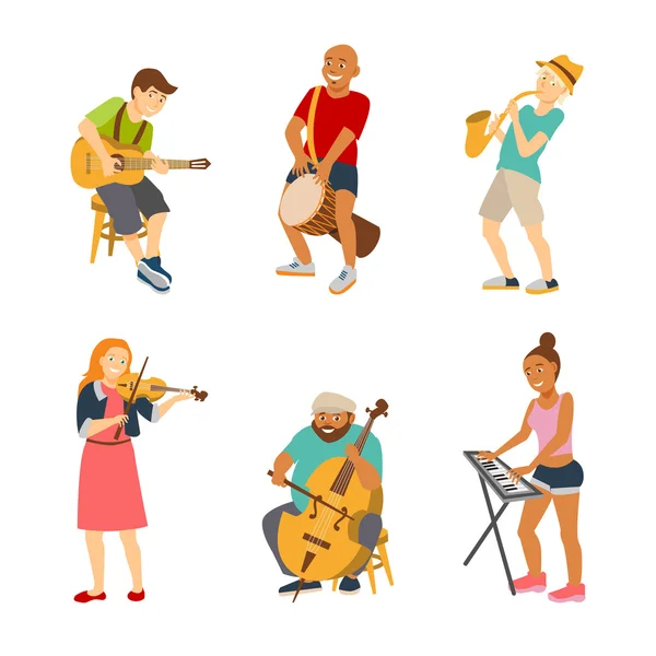 Personnages de bande dessinée musicien isolé sur fond blanc. Vecteur musiciens gens icônes style plat. Batteur, guitariste, violoniste, bassiste, claviériste et saxophoniste musiciens de rue . — Image vectorielle