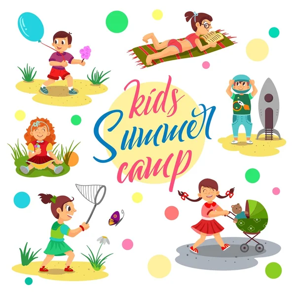 Kinderen zomer kamp vector, cartoon kinderen. Meisje zit en eet ijs, vlindersloten lezen van een boek. Jongen bedrijf suikerspin. — Stockvector