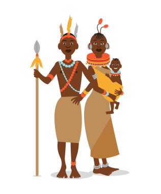 Afrikalı çift geleneksel etnik giyim bir bebekle. Vektör karikatür çizim
