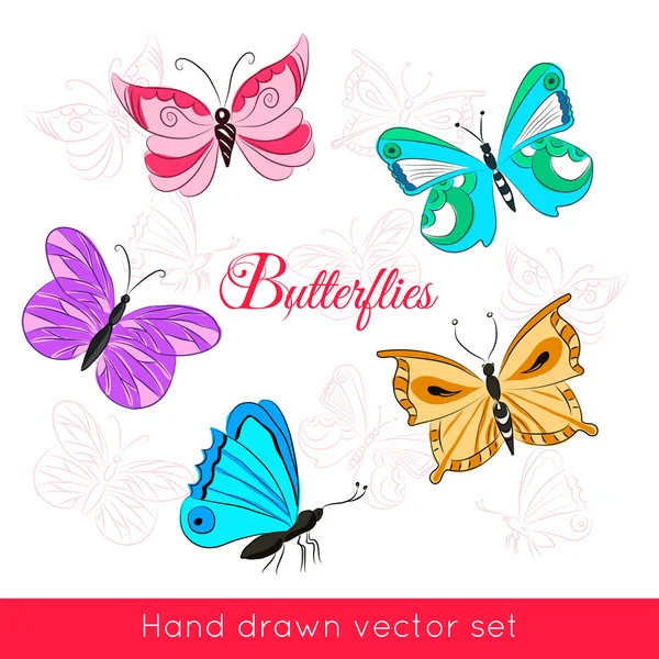 Conjunto dibujado a mano de mariposas de colores — Vector de stock