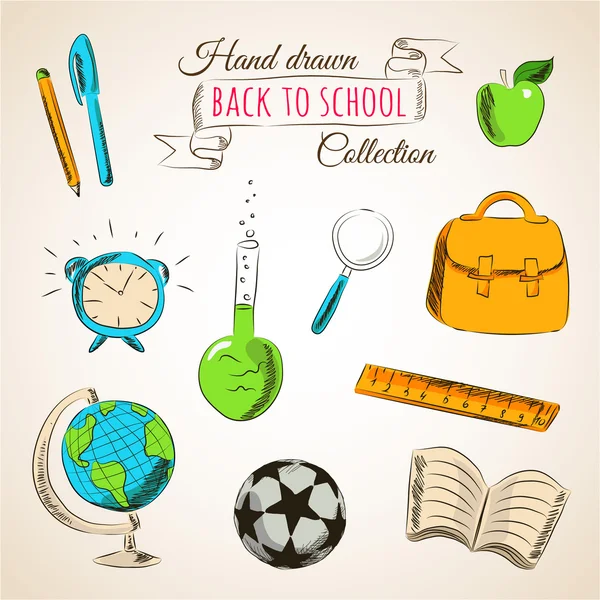 Set of hand drawn colored school supplies — Stock Vector