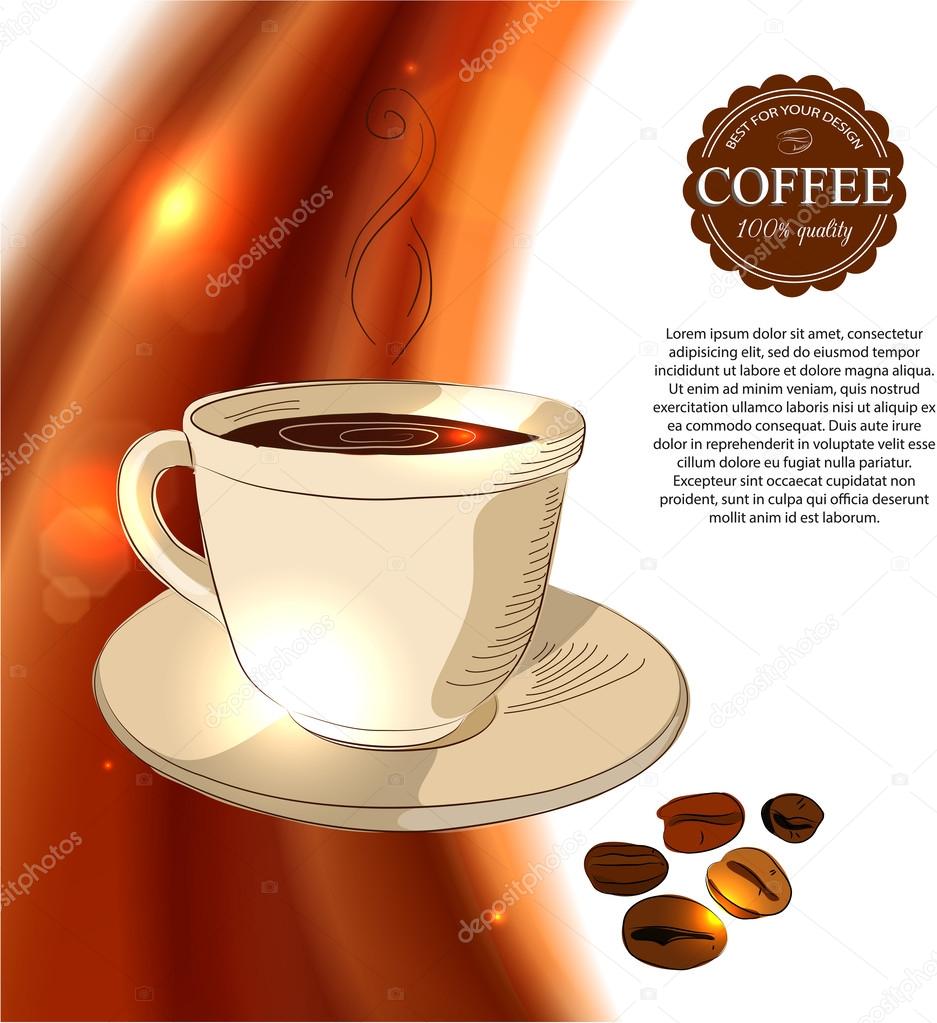 Shining coffee background with hand drawn cup of coffee,
