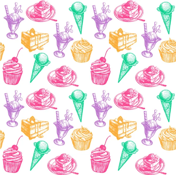 Seamless festive birthday cakes and ice-cream pattern. — Stock Vector